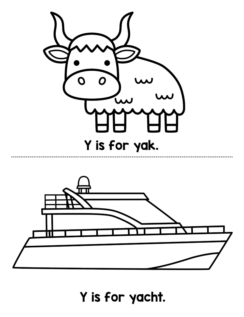 Letter Y words yak and yacht: students read Y is for yak and Y is for yacht beside a horned yak and a motor yacht