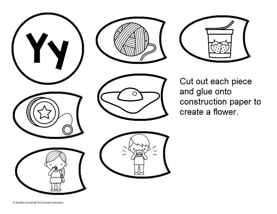 Letter Y sounds: students cut out a Yy center and petals showing yarn, yogurt, yolk, yo-yo, yawn and yell to glue a flower