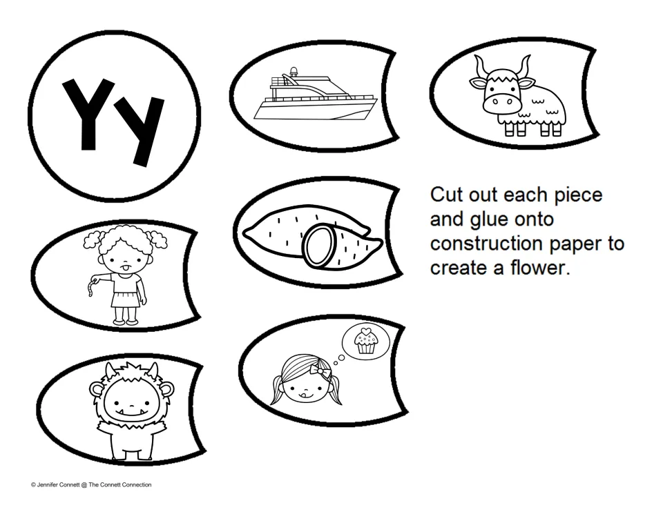 Y picture petals: students cut out a yacht, yak, yam, yeti and more Y pictures plus a Yy center and glue them into a flower