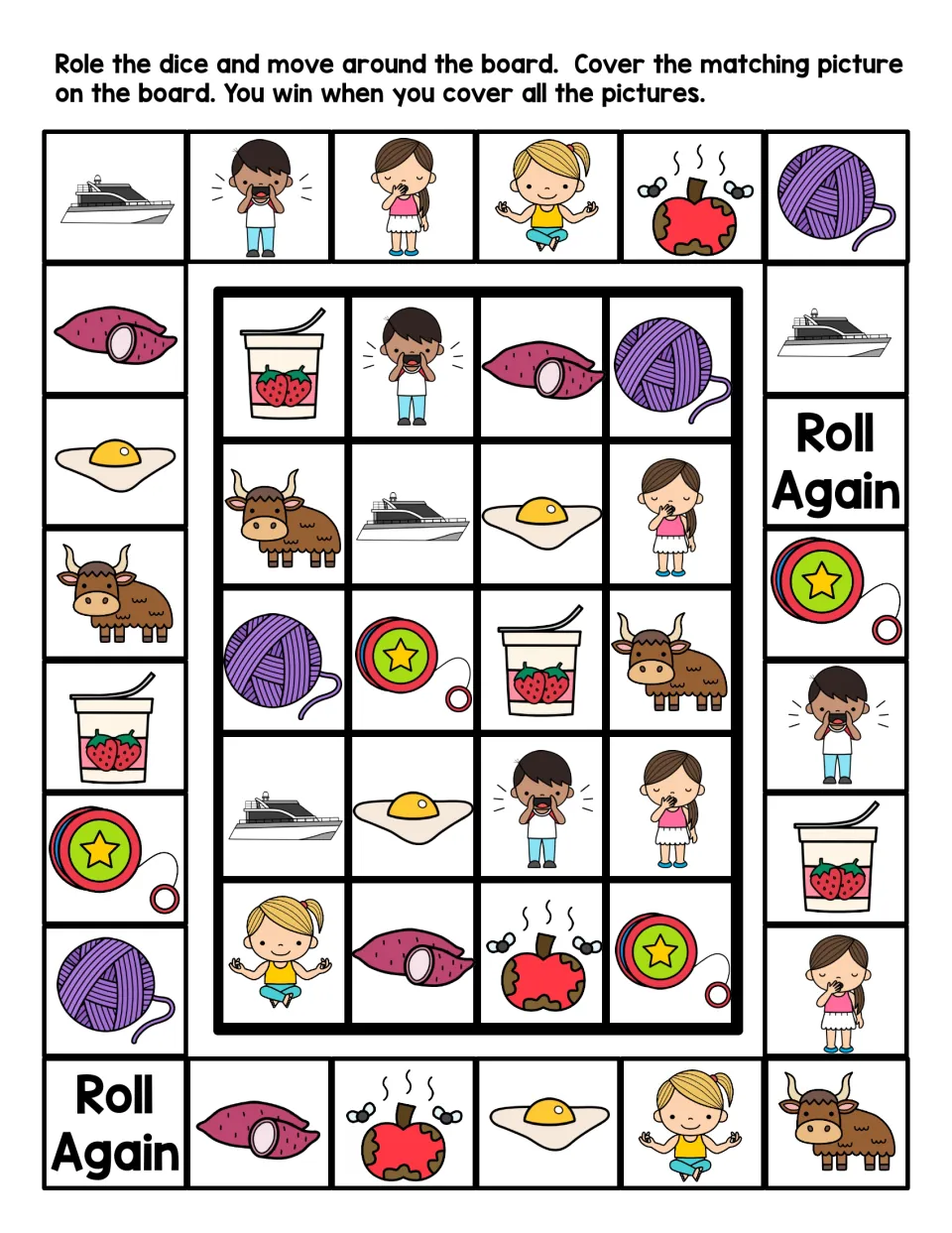 Letter Y roll-and-cover board in color: students roll, move and cover matching pictures such as yak, yarn, yo-yo and yam