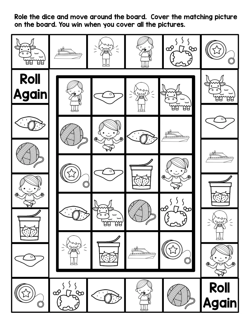 Black-and-white Letter Y roll-and-cover board: students cover matching yacht, yogurt, yolk and yoga pictures as they move