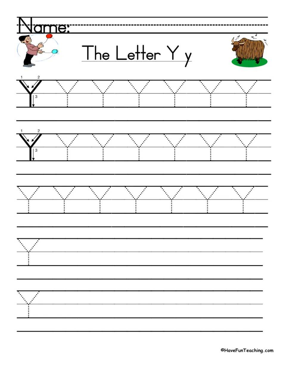 Uppercase Y handwriting: students follow 3 numbered stroke arrows, trace dotted Y letters, then write Y on their own