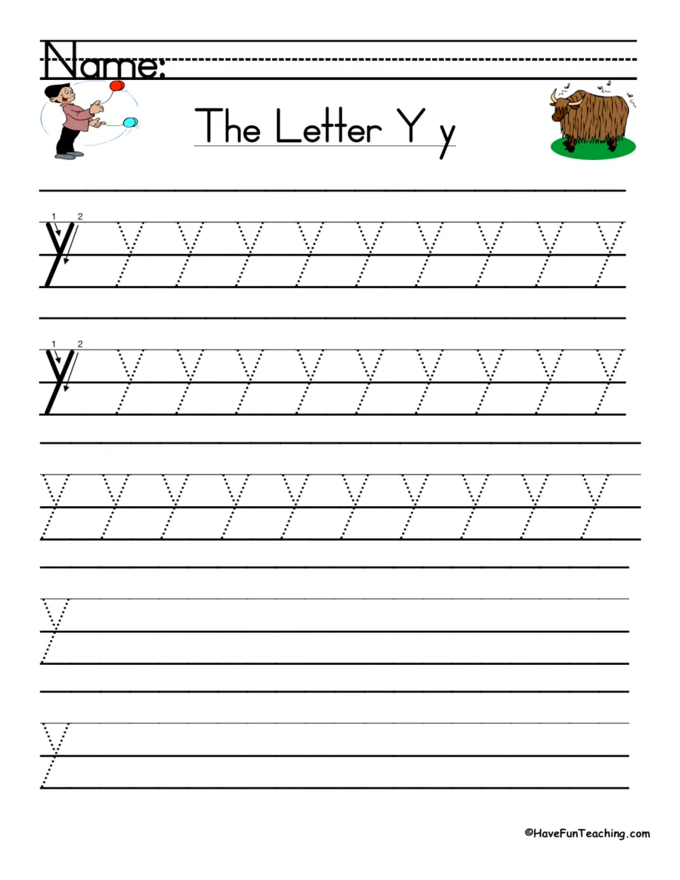 Lowercase y handwriting: students follow 2 numbered stroke arrows, trace dotted y letters, then write y independently
