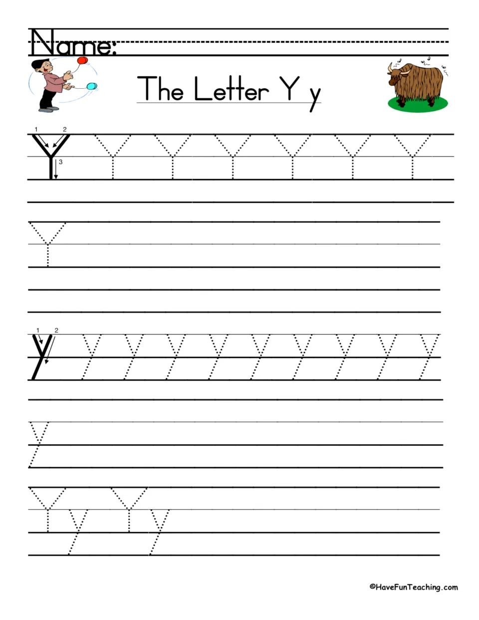 Mixed Y and y review: students trace capital and lowercase y with stroke arrows, then write Yy pairs on the last row