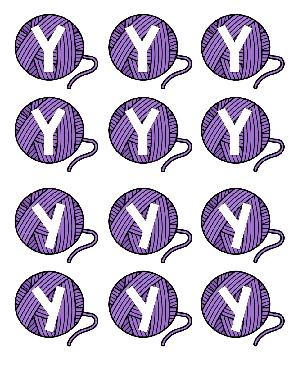 Letter cards: 12 purple yarn balls to cut out, six with capital Y and six with lowercase y, for sorting by letter case