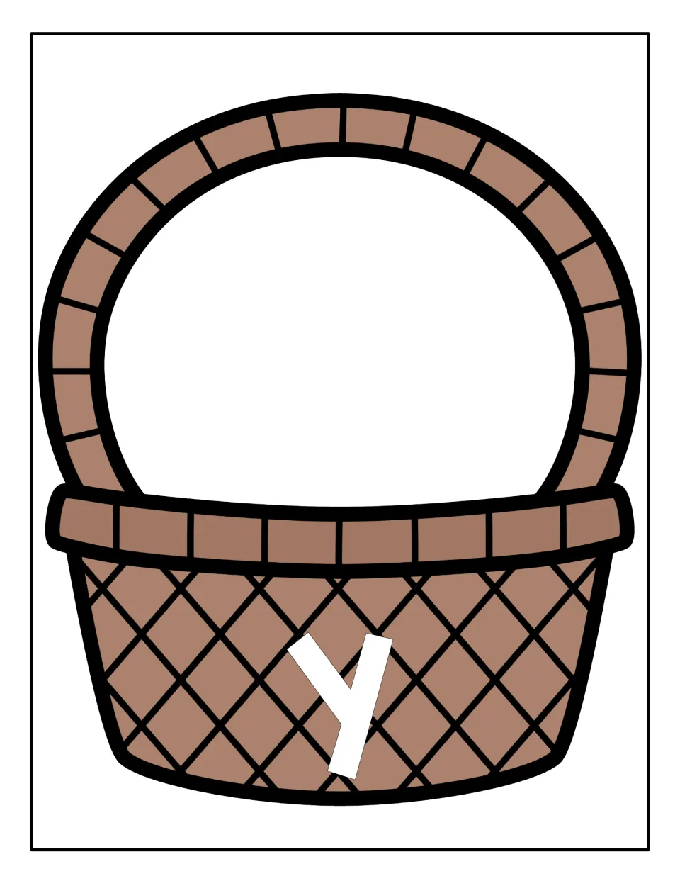 Lowercase y sorting mat: a brown basket marked with a small y where students place the yarn balls showing lowercase y