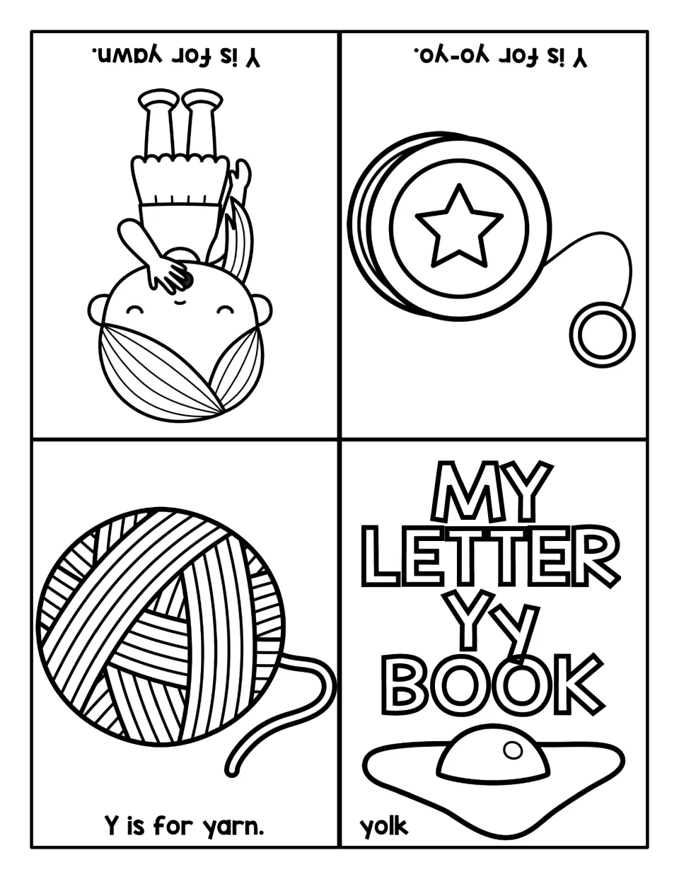 Letter Yy fold-up book: My Letter Yy Book cover with yolk, then yarn, yo-yo and yawn pages for coloring and reading
