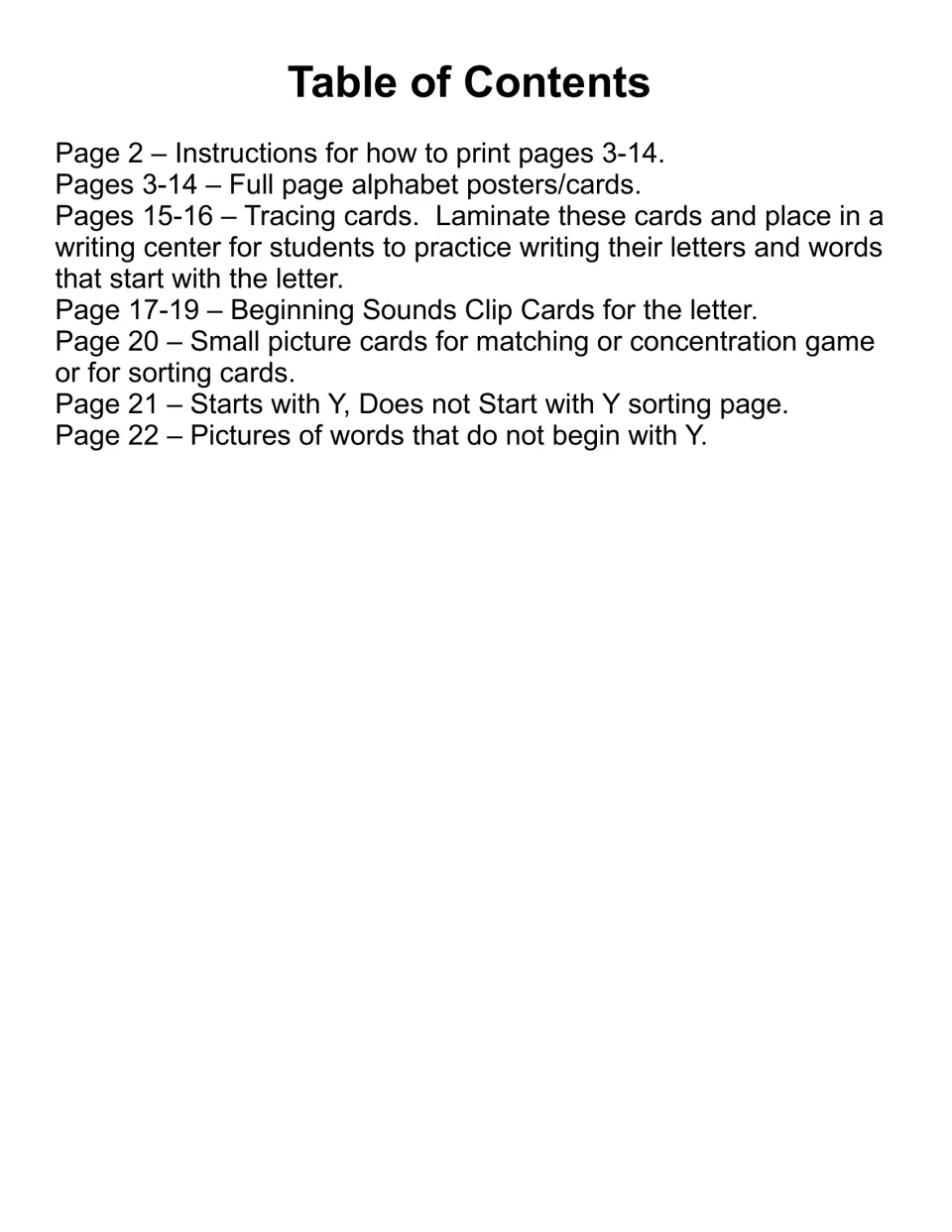 Table of contents for the letter Y resource, listing printing instructions, posters, tracing, and sorting