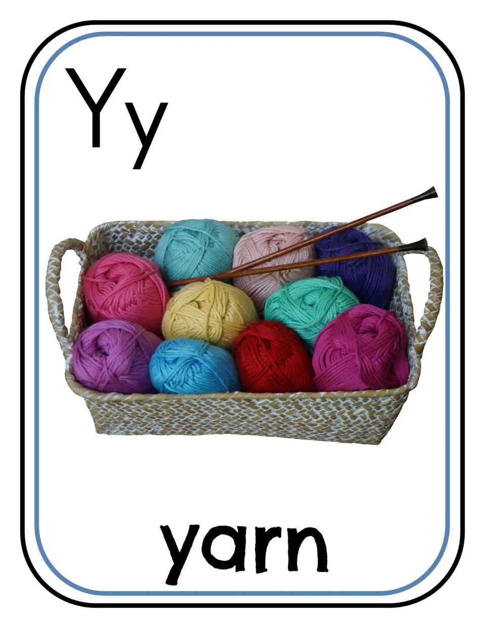 Letter Y photo poster/card 4 of 12, showing uppercase Y, lowercase y, and a basket of yarn labeled 'yarn'