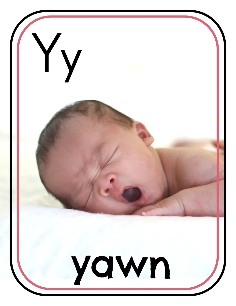 Letter Y photo poster/card 5 of 12, showing uppercase Y, lowercase y, and a yawning baby labeled 'yawn'