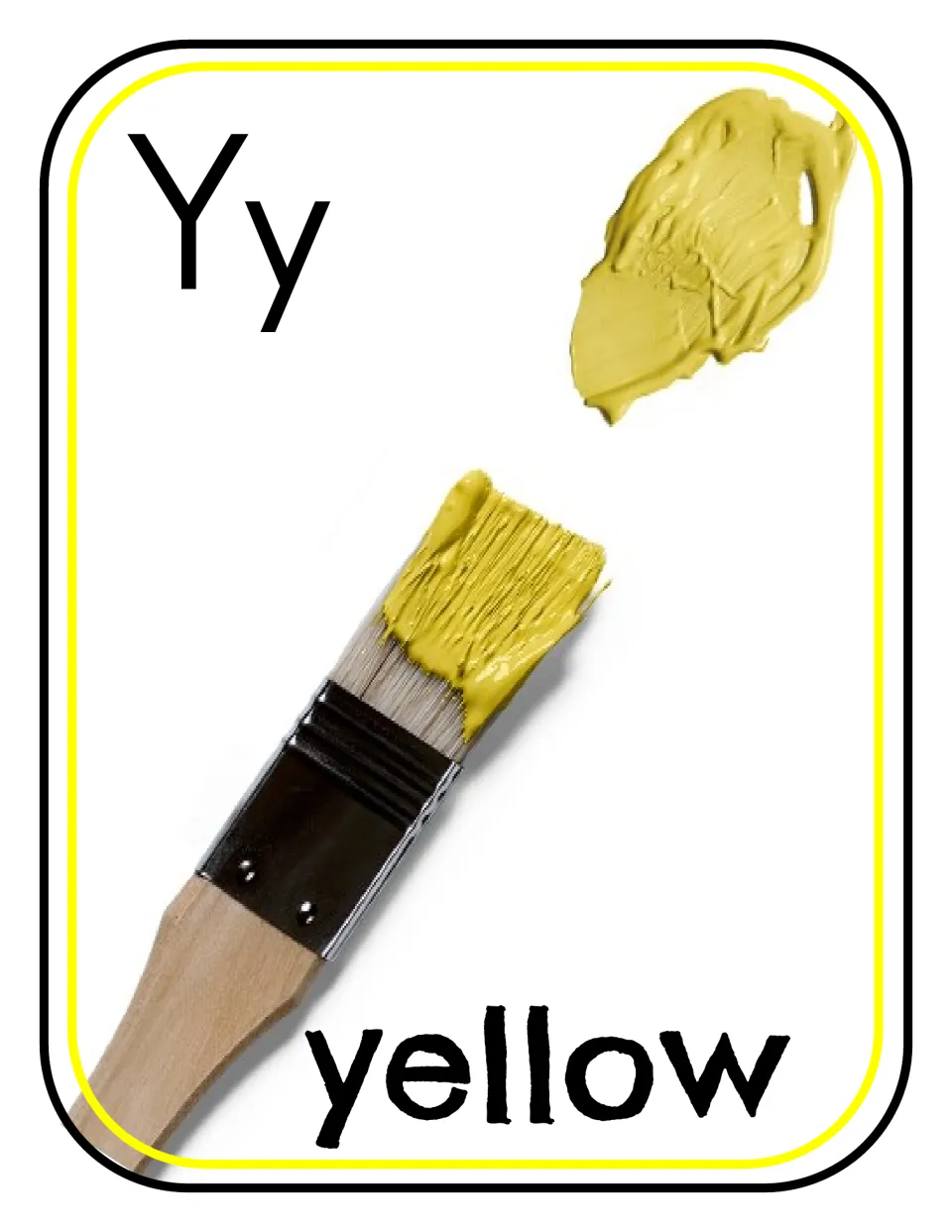 Letter Y photo poster/card 7 of 12, showing uppercase Y, lowercase y, and yellow paint labeled 'yellow'