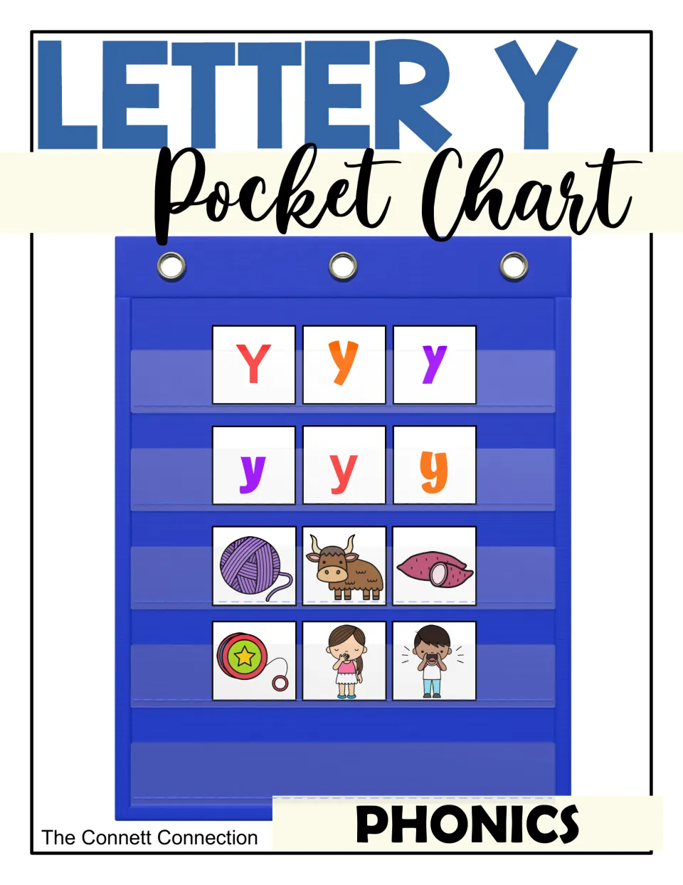 Cover for Letter Y phonics pocket chart: Y and y letter cards plus yarn, yak, yam, yo-yo, yawn and yell picture cards