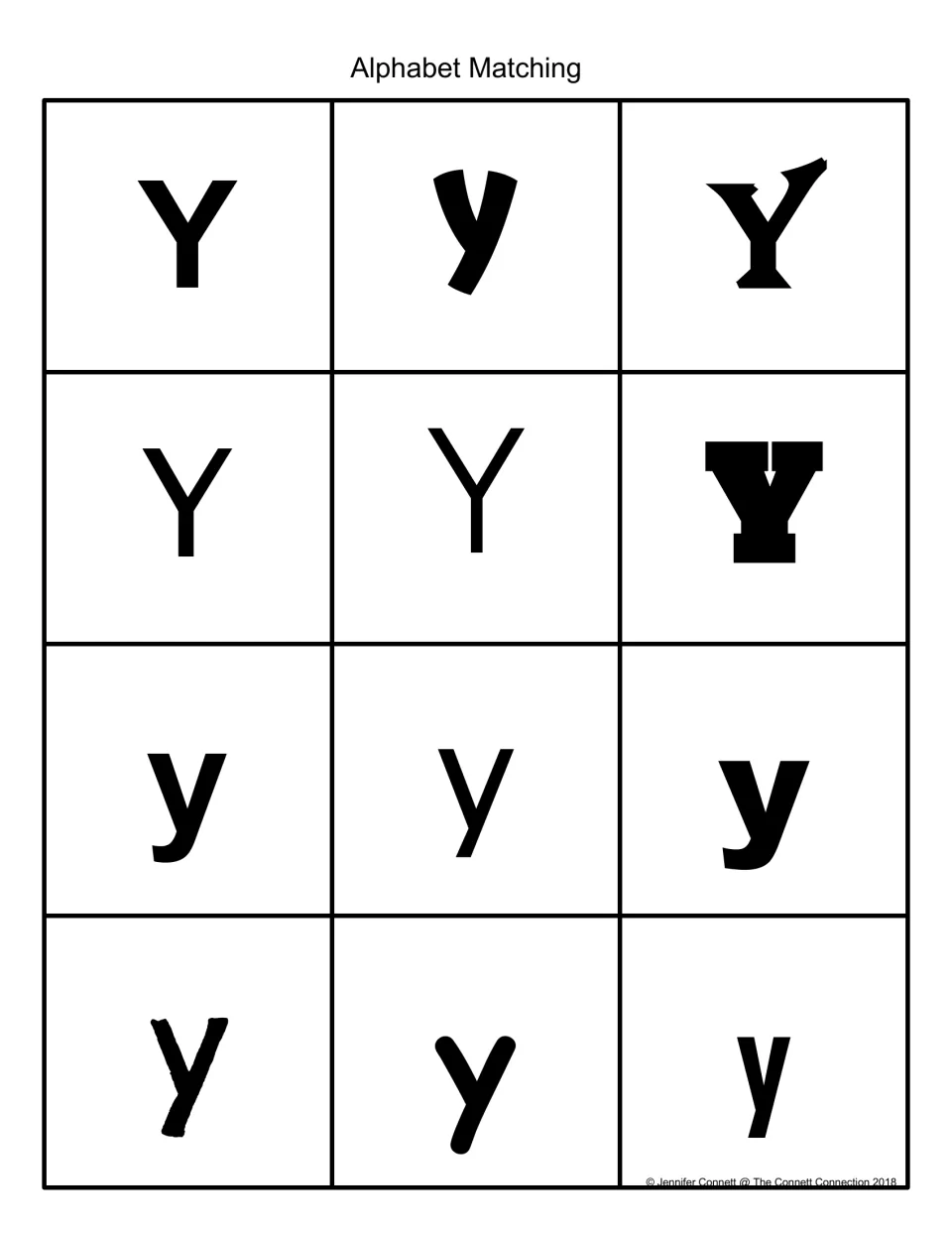 Alphabet matching letter cards: 12 black uppercase Y and lowercase y in different fonts for students to sort and match