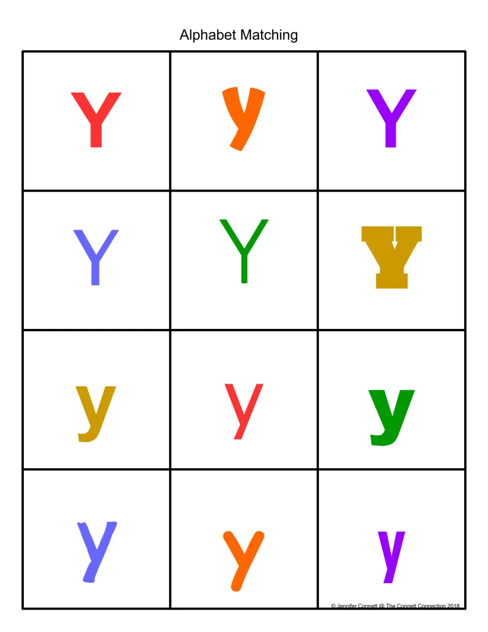 Alphabet matching letter cards in color: uppercase Y and lowercase y in varied fonts for recognizing Y in any style