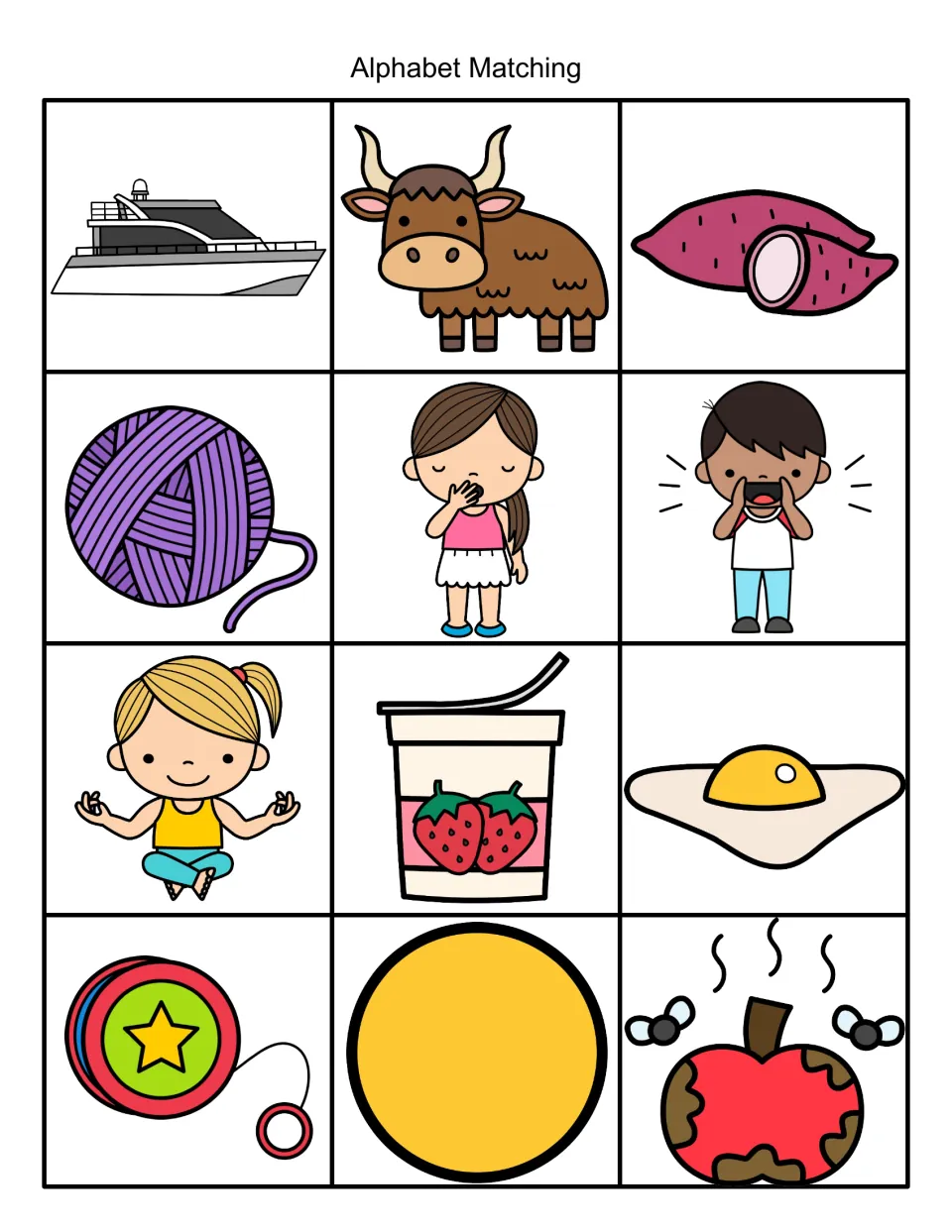 Y beginning sound picture cards: yacht, yak, yam, yarn, yawn, yell, yoga, yogurt, yolk, yo-yo, yellow and yucky to match