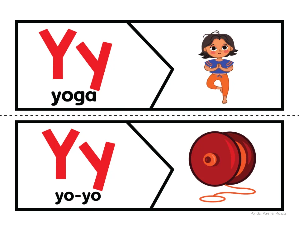 Letter Y beginning sound puzzles: students cut and match Yy with yoga and yo-yo to pair each word with its picture