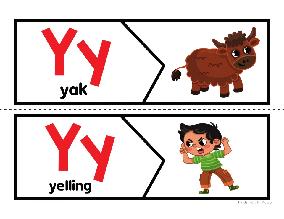 Y sound puzzles for yak and yelling: students cut apart two-piece cards and join the Yy word half to the matching picture
