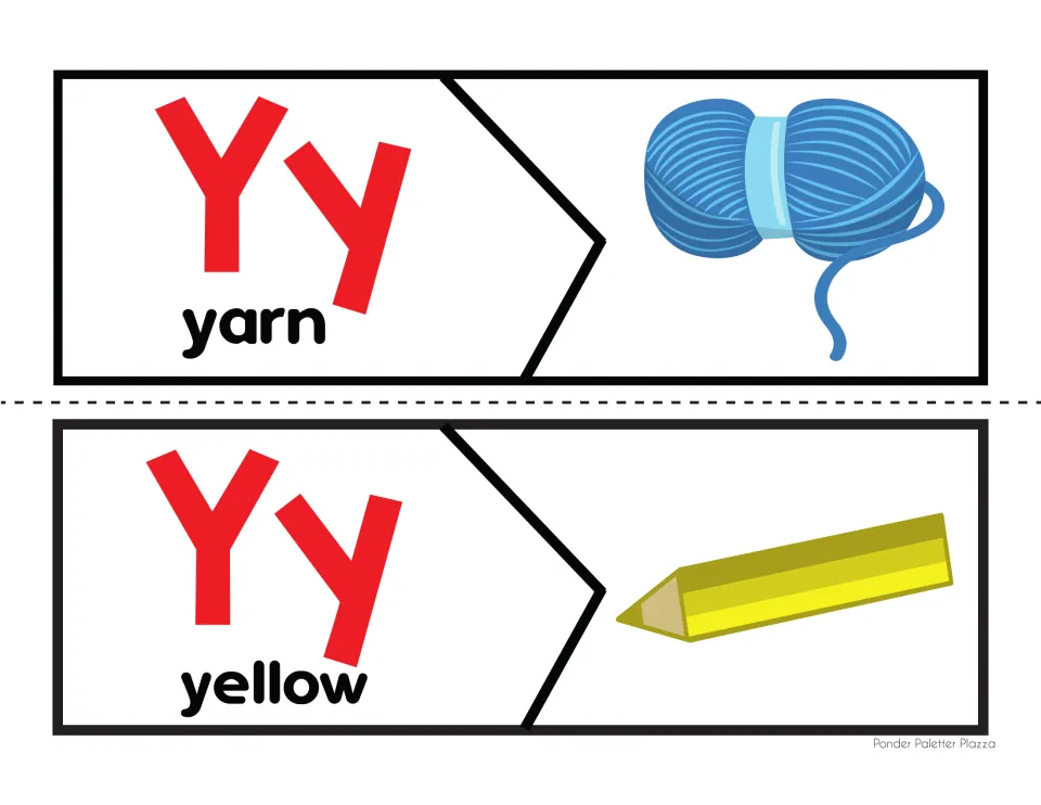 Yy picture puzzles for yarn and yellow: students cut the two cards apart and fit each Yy letter piece to its picture piece