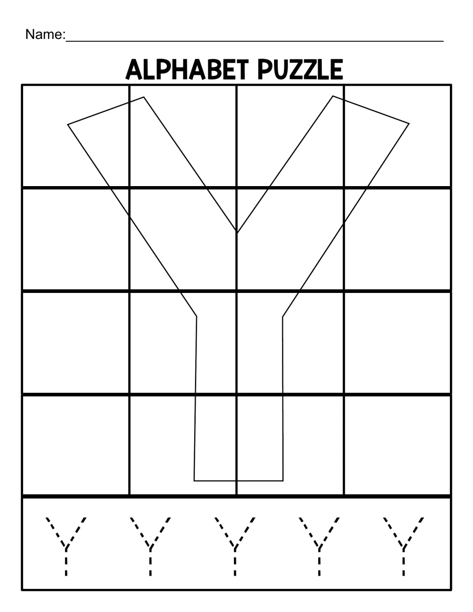 Uppercase Y puzzle mat for 16 matching pieces, with a large letter outline and five capital Ys to trace