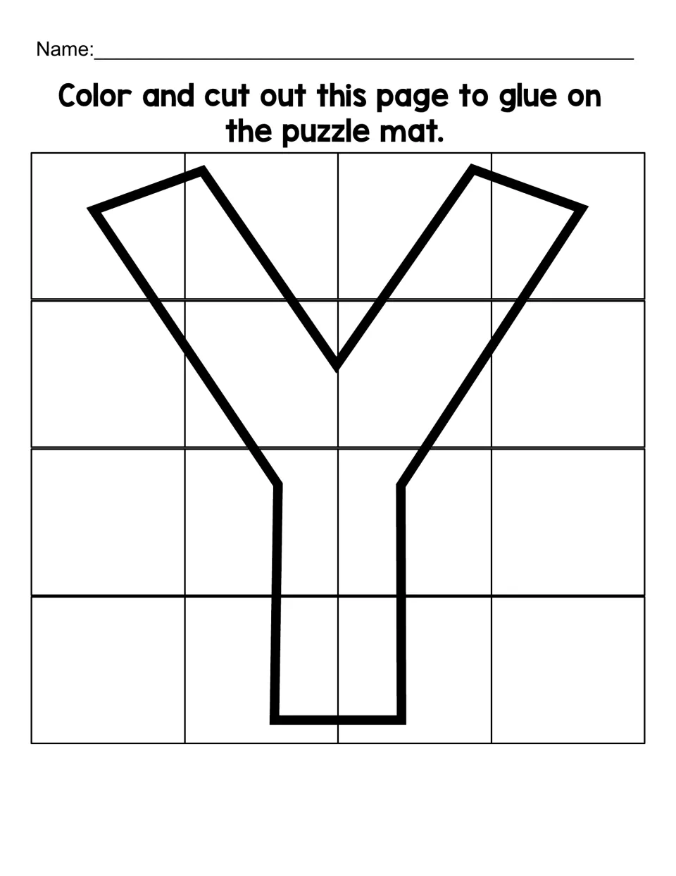Uppercase Y cutout sheet with 16 puzzle pieces to color, cut apart, and glue onto the matching letter mat