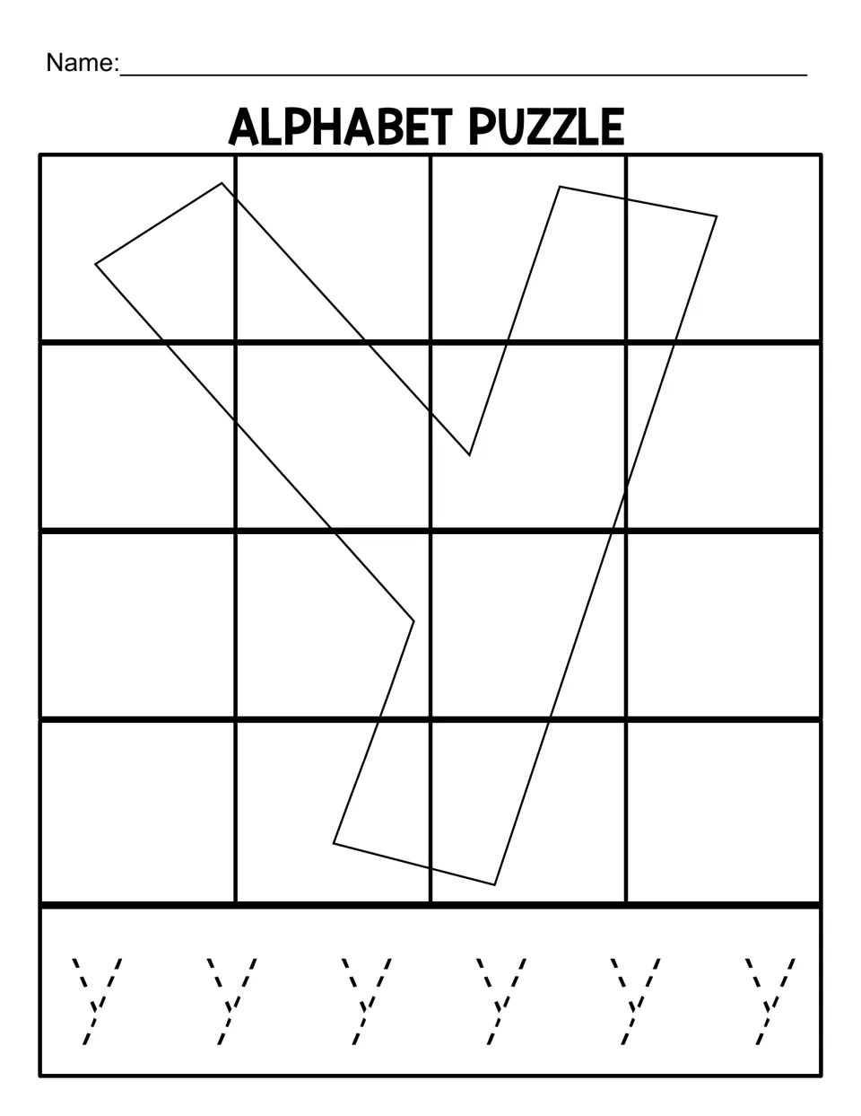 Lowercase y puzzle mat for 16 matching pieces, with a large letter outline and six lowercase ys to trace