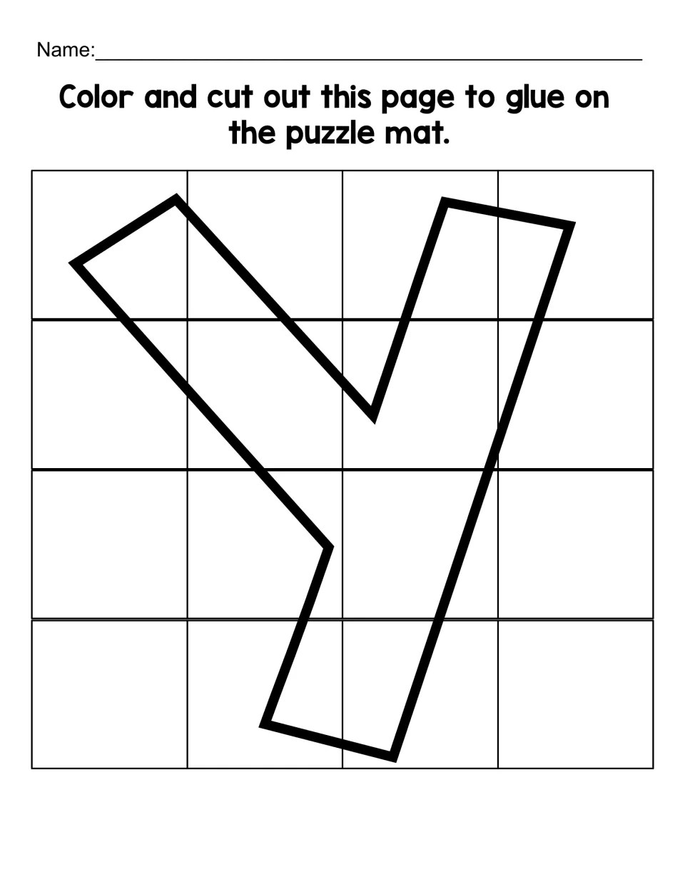 Lowercase y cutout sheet with 16 puzzle pieces to color, cut apart, and glue onto the matching letter mat