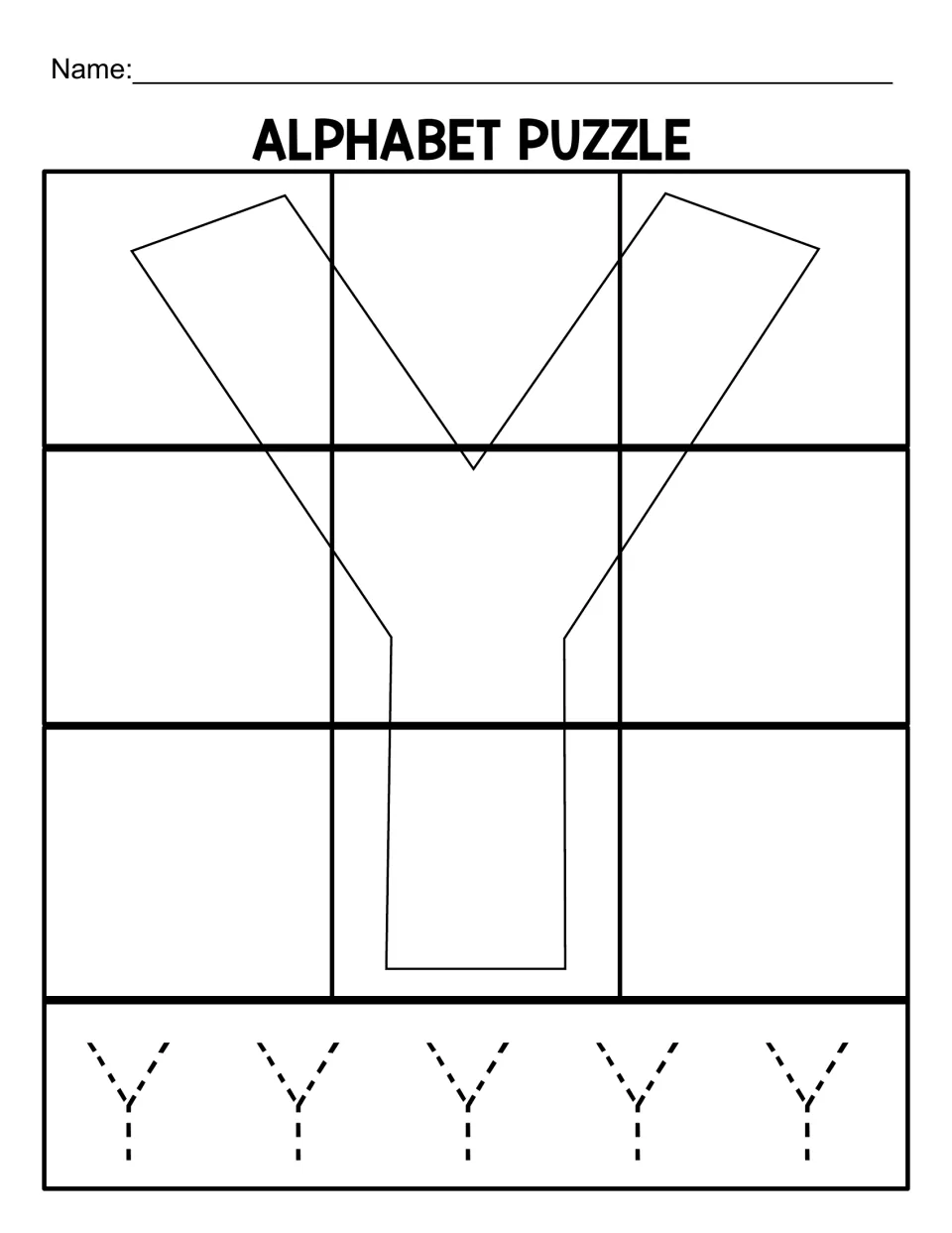 Uppercase Y puzzle mat for nine matching pieces, with a large letter outline and five capital Ys to trace