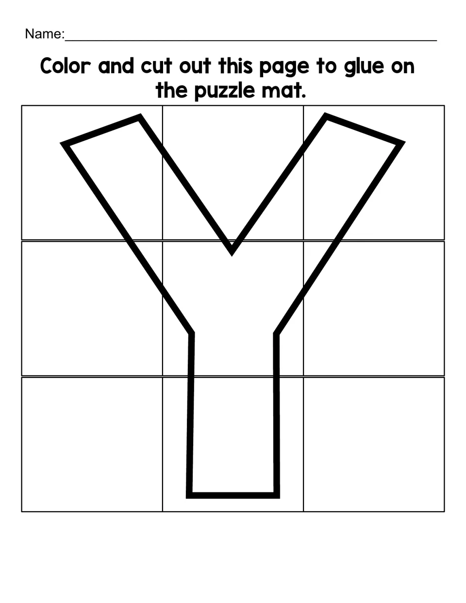 Uppercase Y cutout sheet with nine puzzle pieces to color, cut apart, and glue onto the matching letter mat