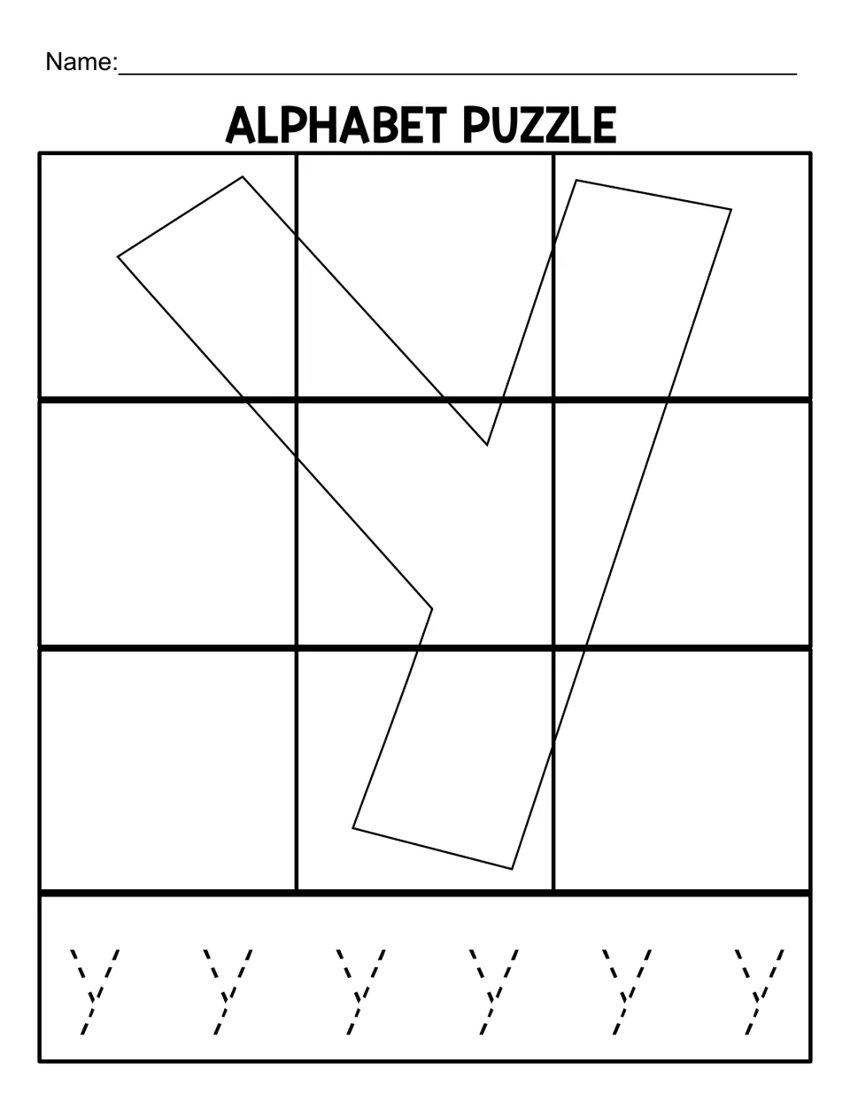 Lowercase y puzzle mat for nine matching pieces, with a large letter outline and six lowercase ys to trace