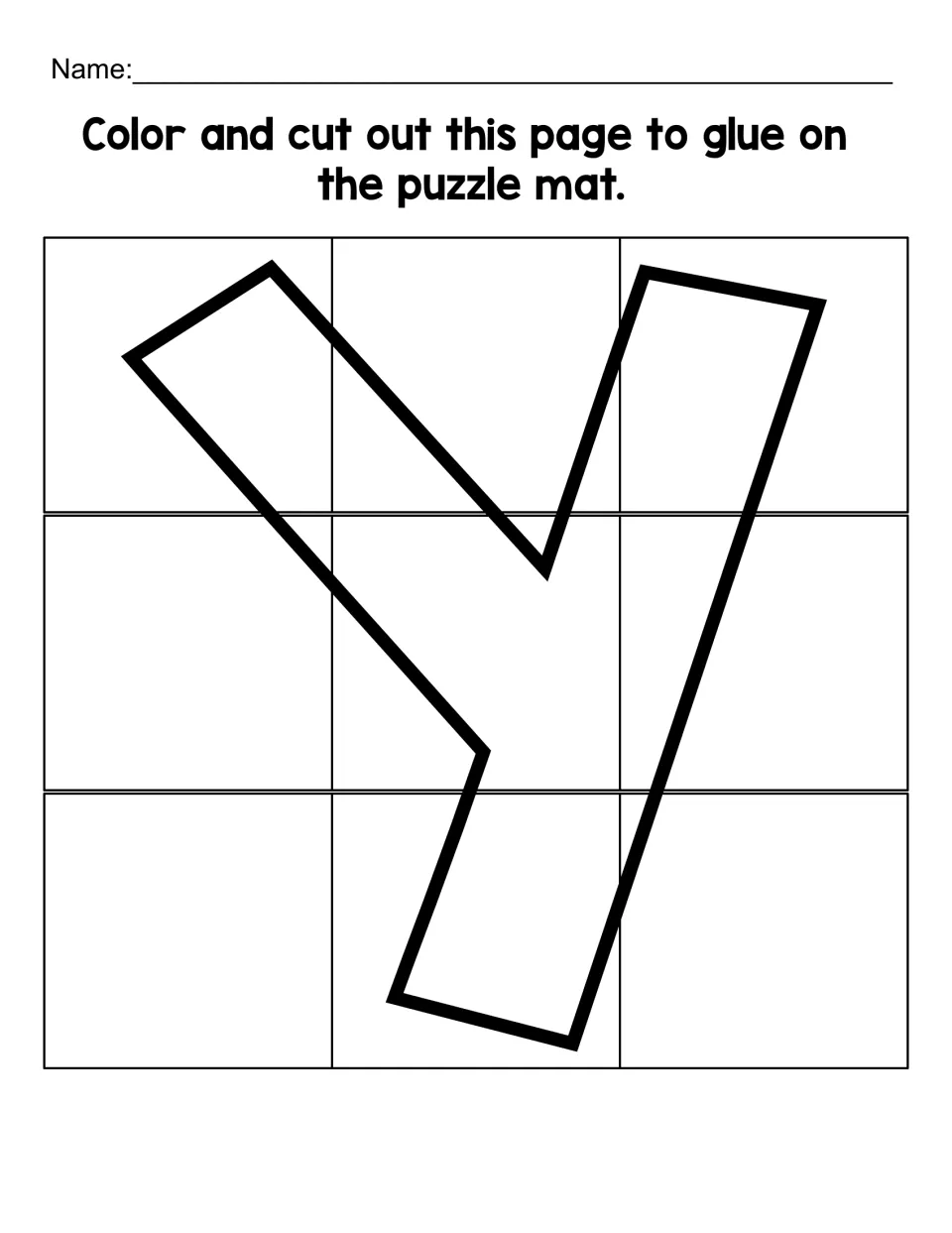 Lowercase y cutout sheet with nine puzzle pieces to color, cut apart, and glue onto the matching letter mat