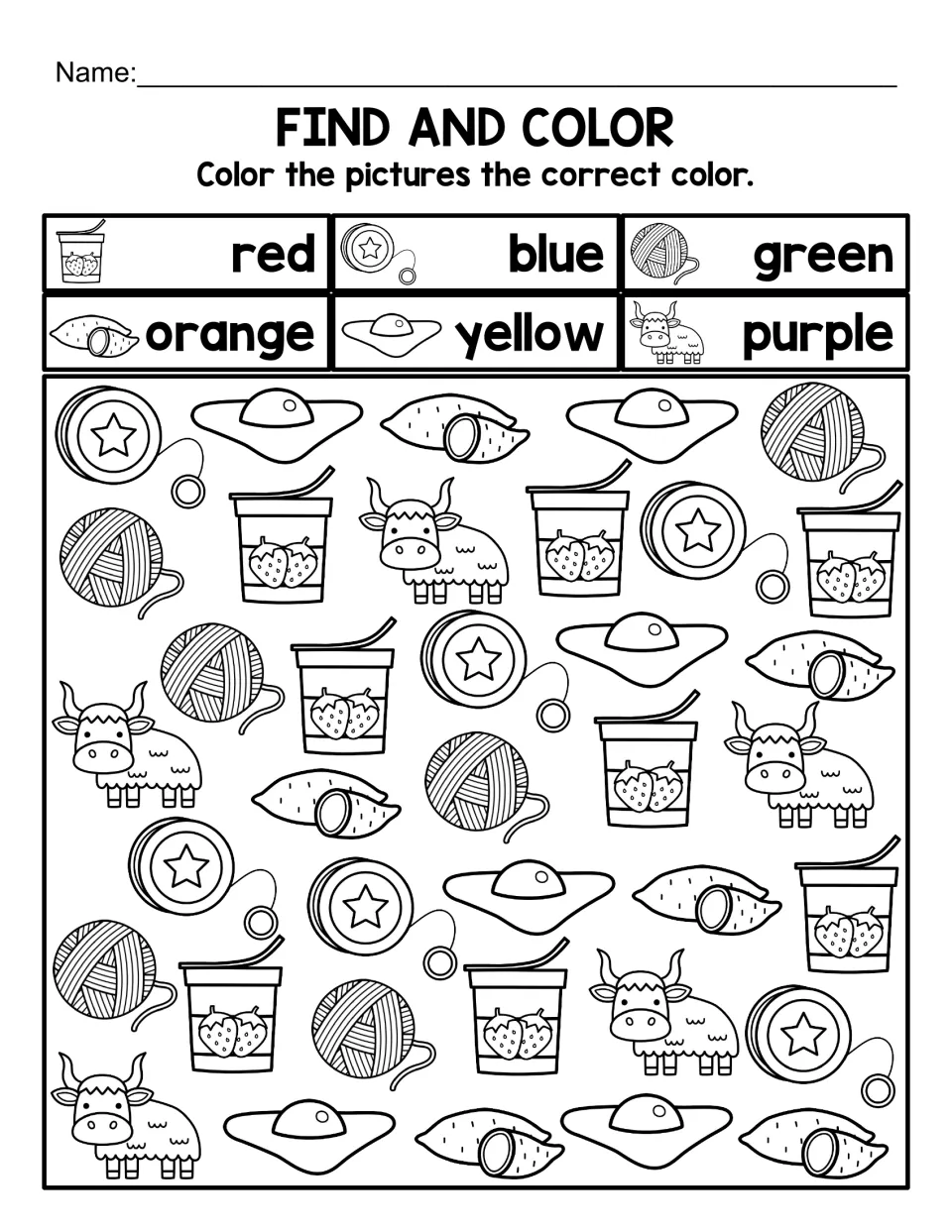 Letter Y find and color: students color yogurt red, yo-yos blue, yarn green, yams orange, yolks yellow and yaks purple