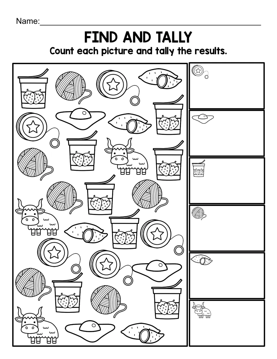 Find and tally in black and white: students count yo-yos, yolks, yogurt, yarn, yams and yaks and tally each total