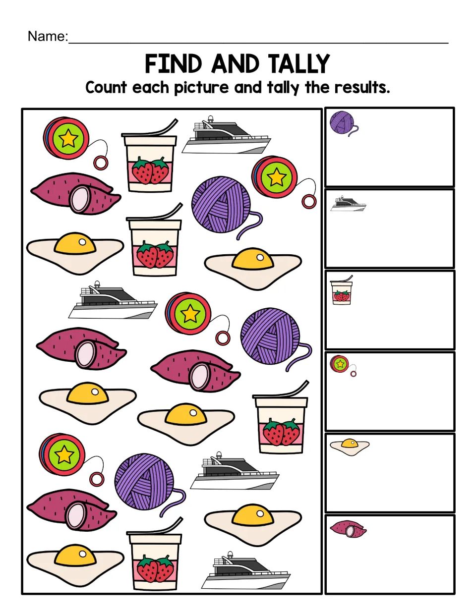 Full-color find and tally: students count yarn, yachts, yogurt, yo-yos, egg yolks and yams, then record tally marks