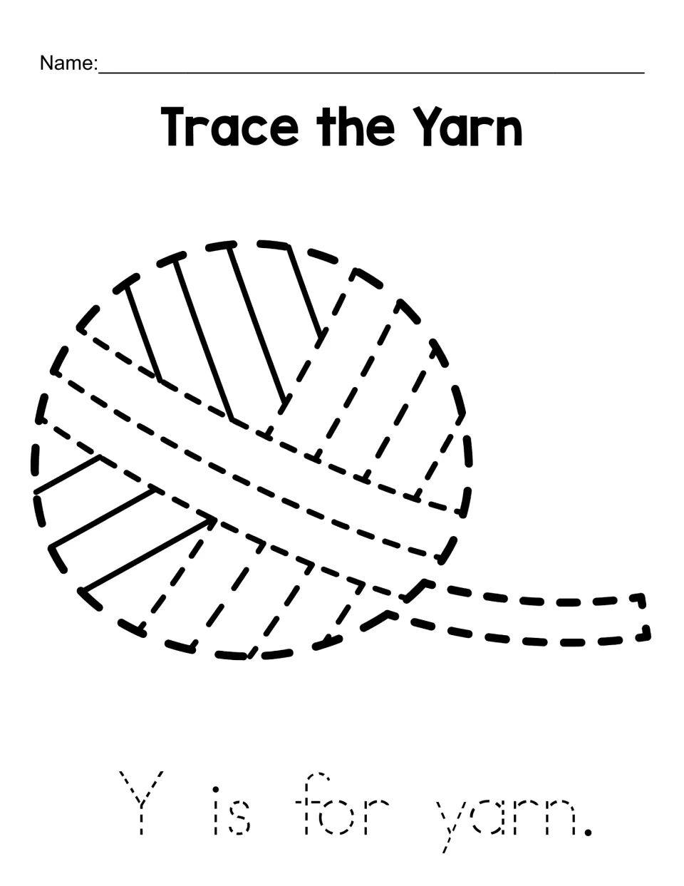 Trace the Yarn: students trace a dashed ball of yarn, then trace the sentence Y is for yarn to practise letter Y