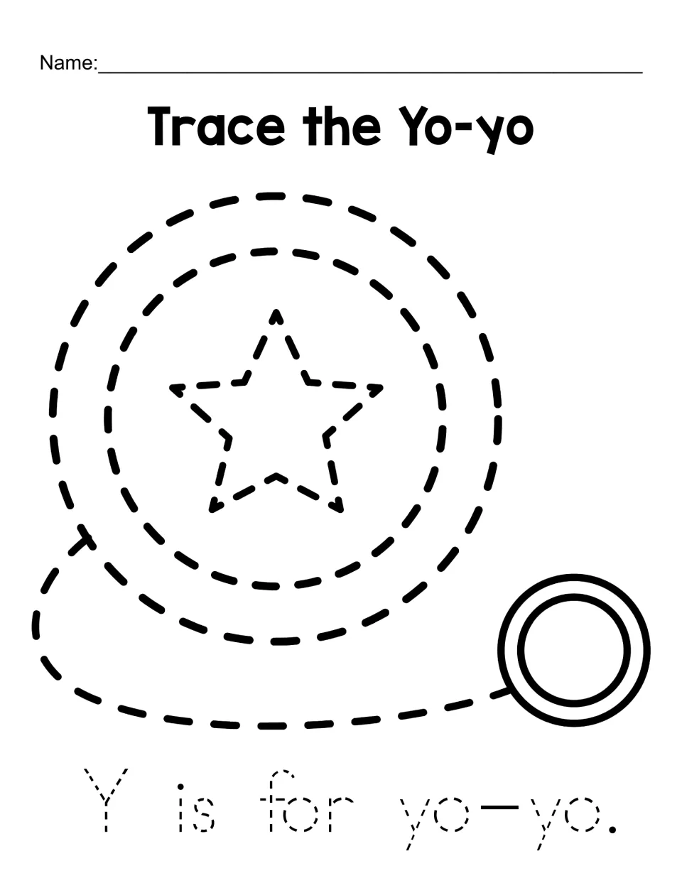 Trace the Yo-yo: students trace a dashed yo-yo with a star and its string, then trace the sentence Y is for yo-yo