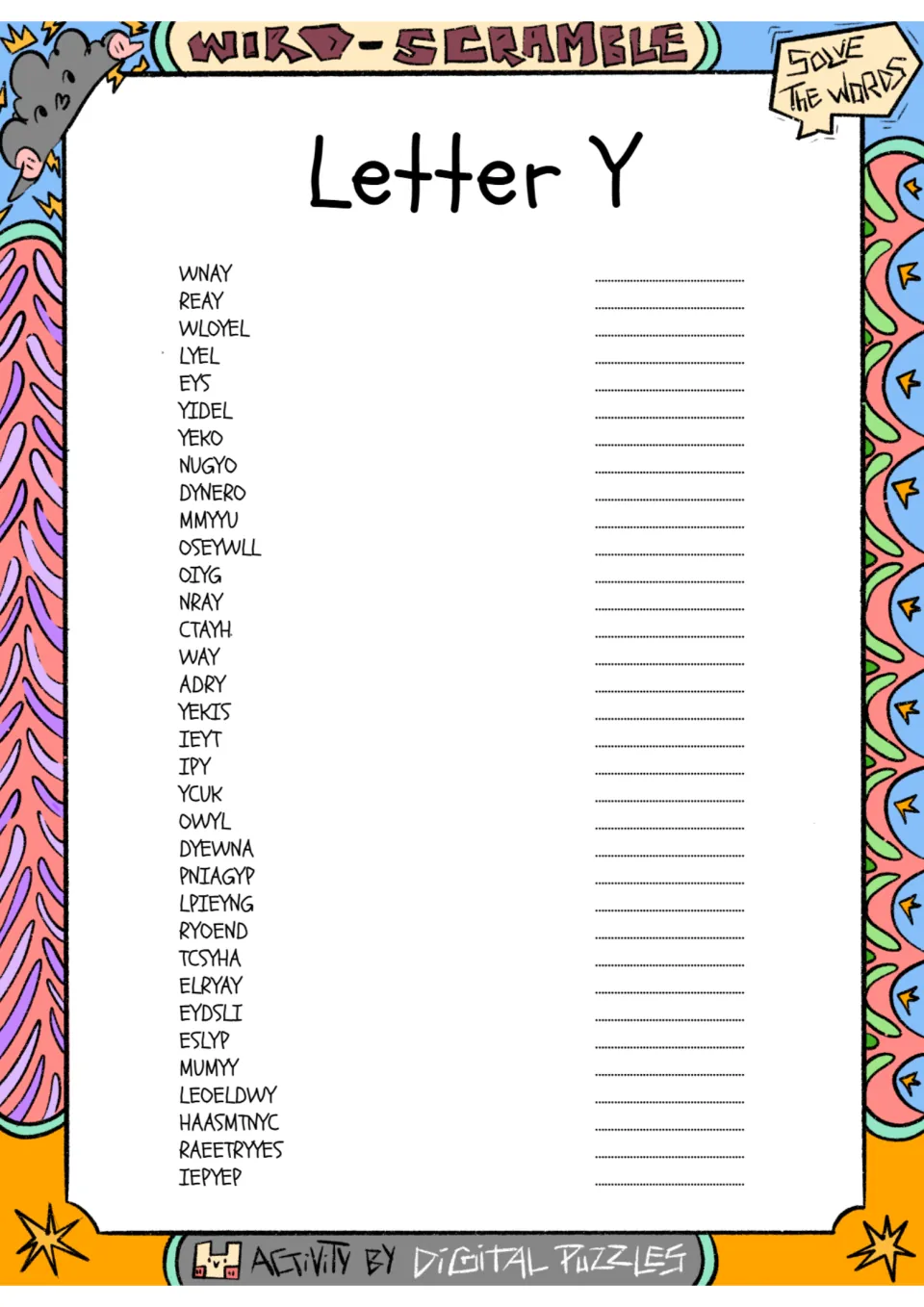 Letter Y word scramble: students unscramble 34 jumbled words such as WNAY, REAY and YEKO and write each word on the line