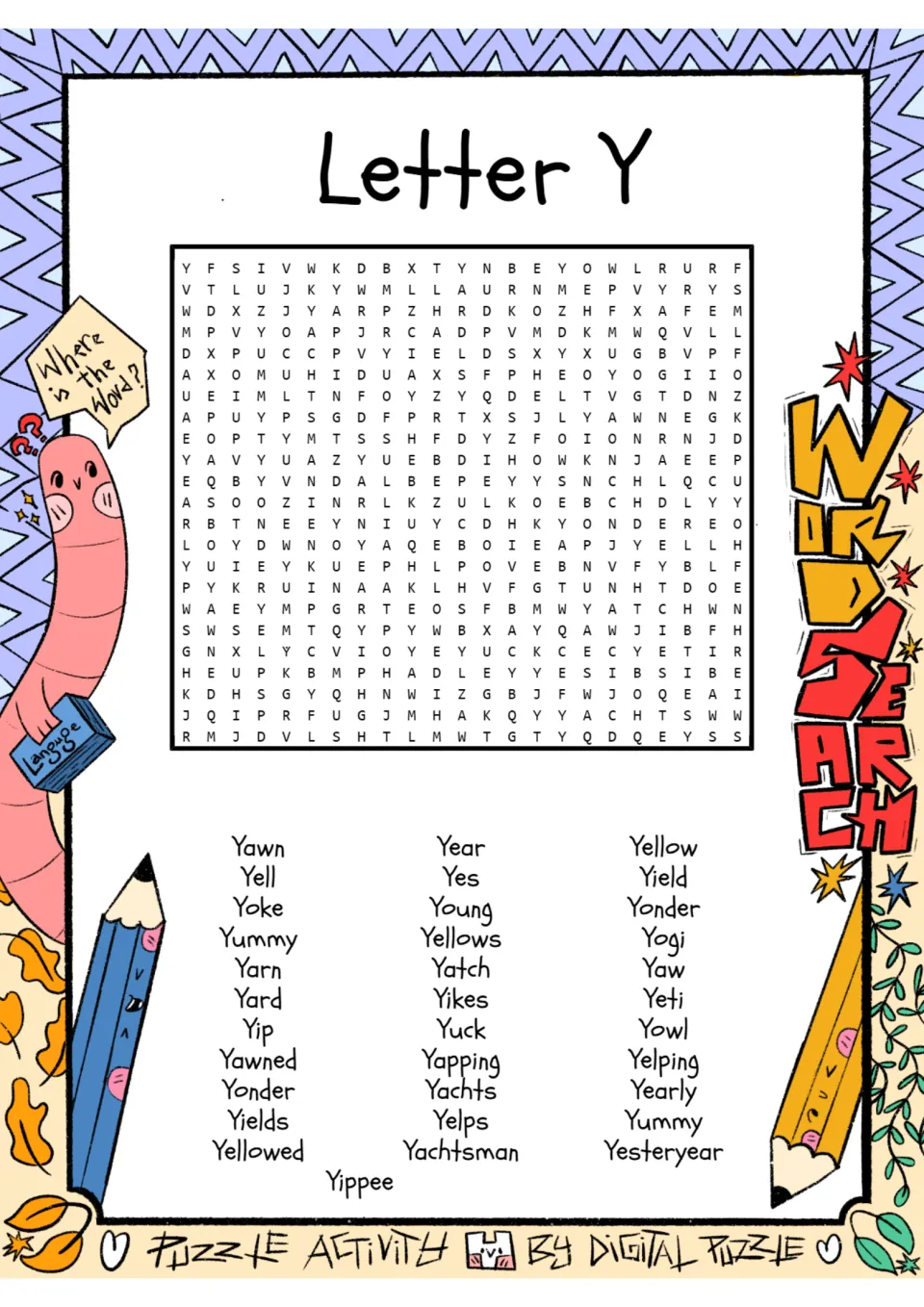 Letter Y word search: students find 34 Y words such as yawn, yellow, yachts, yeti and yesteryear hidden in the letters
