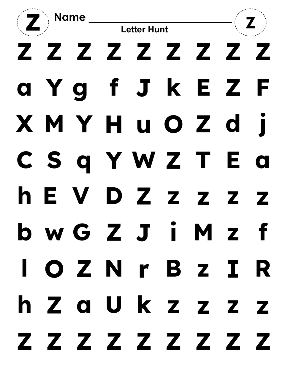 Uppercase and lowercase Z letter hunt: students find and color every Z and z hidden in rows of mixed letters