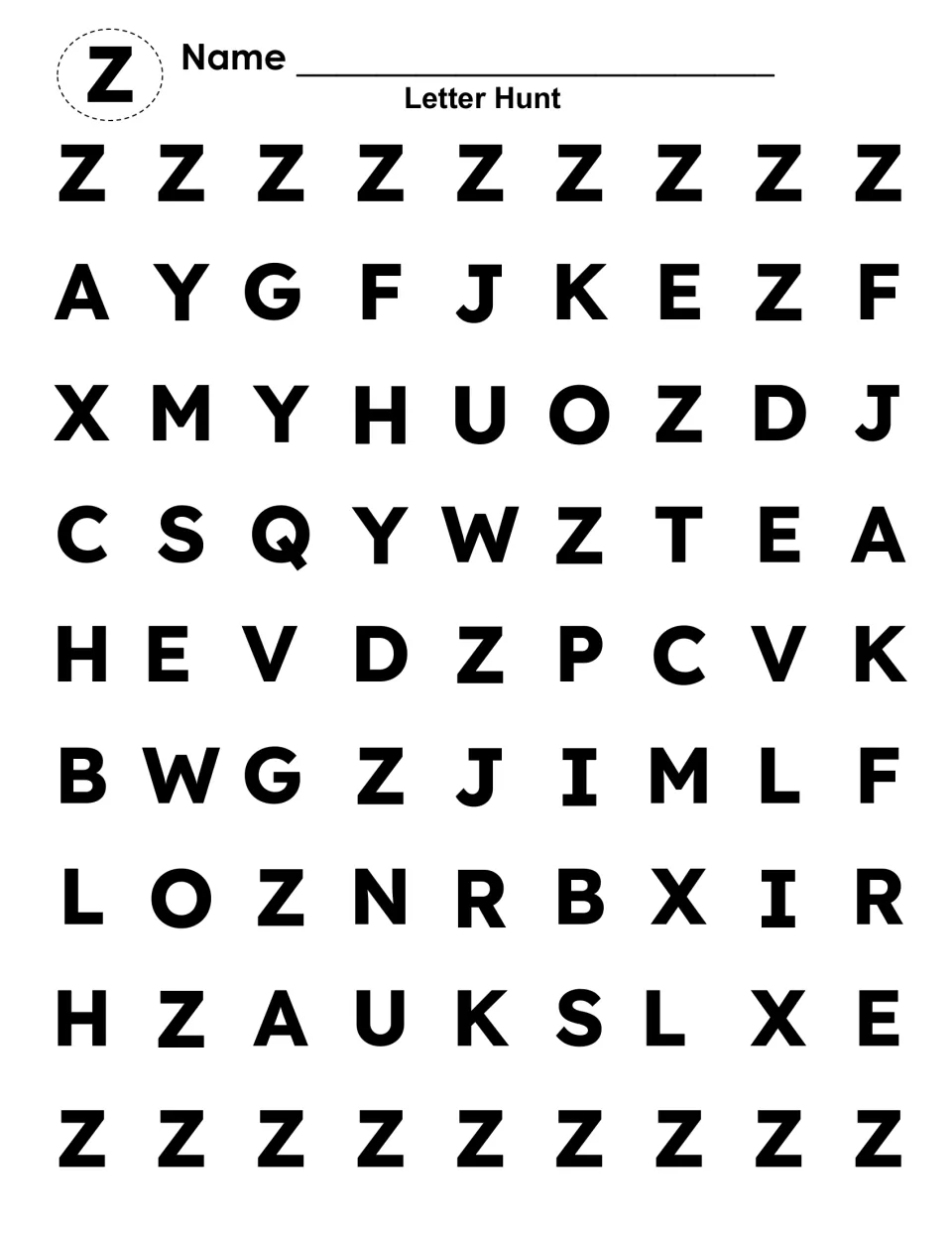 Capital Z letter hunt: students spot and color each uppercase Z among other capitals to practise letter recognition