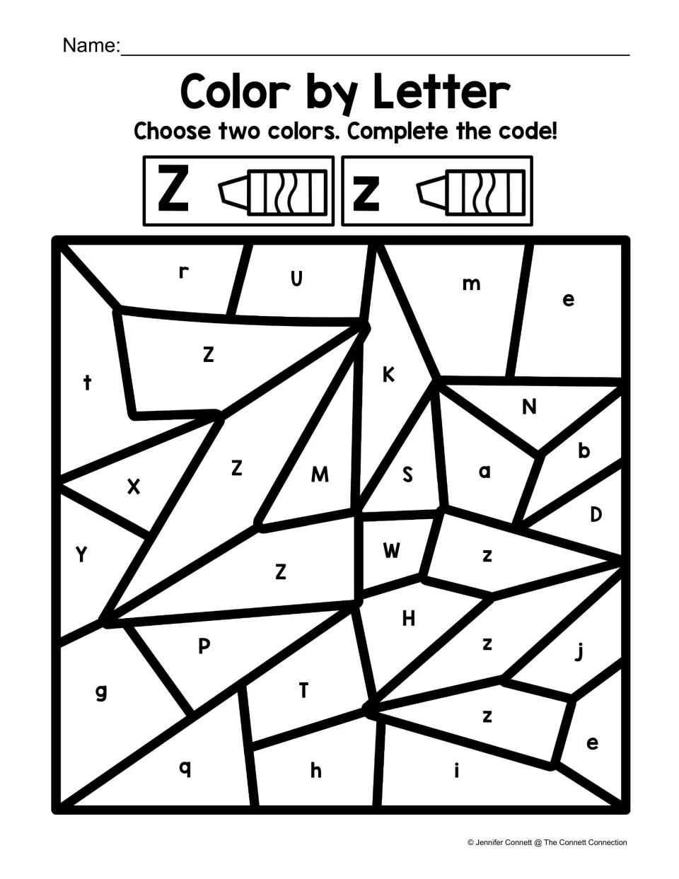 Letter Z coloring worksheet: uppercase Z and lowercase z form a large Z, with a two-color letter-case code.