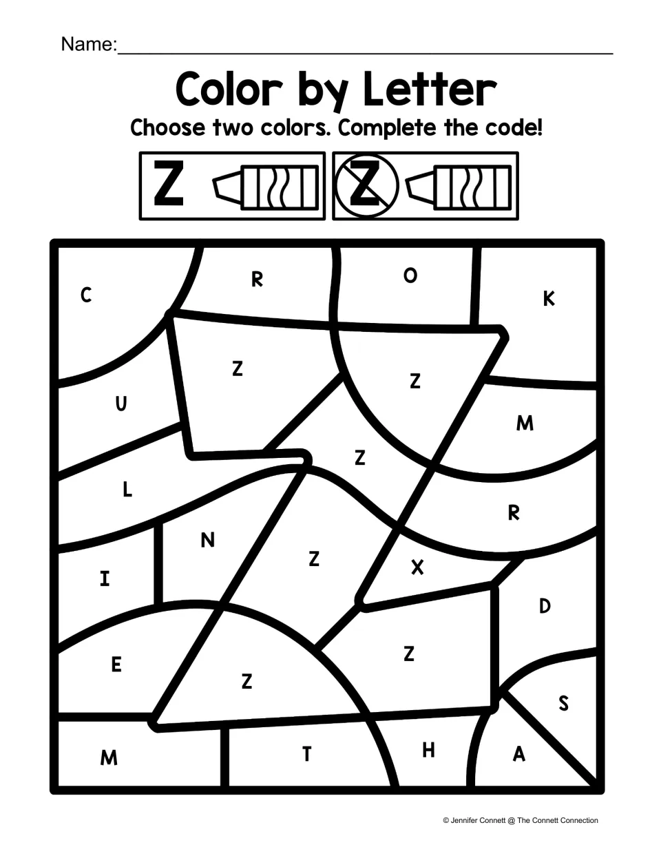Uppercase Z coloring worksheet: find Z among other capital letters to color a large Z using two colors.