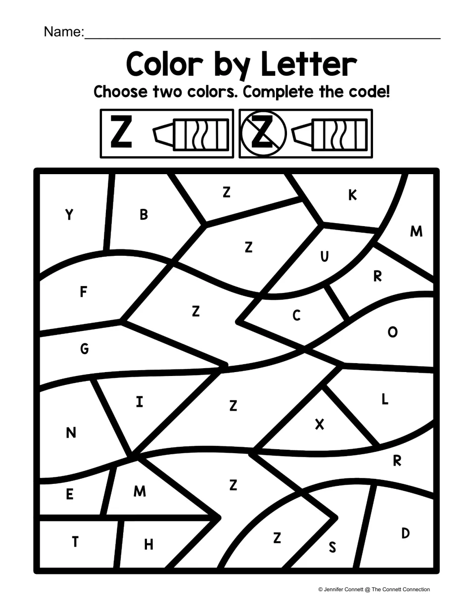 Uppercase Z coloring worksheet: Z labels mark a zigzag path among other capital letters for two-color practice.