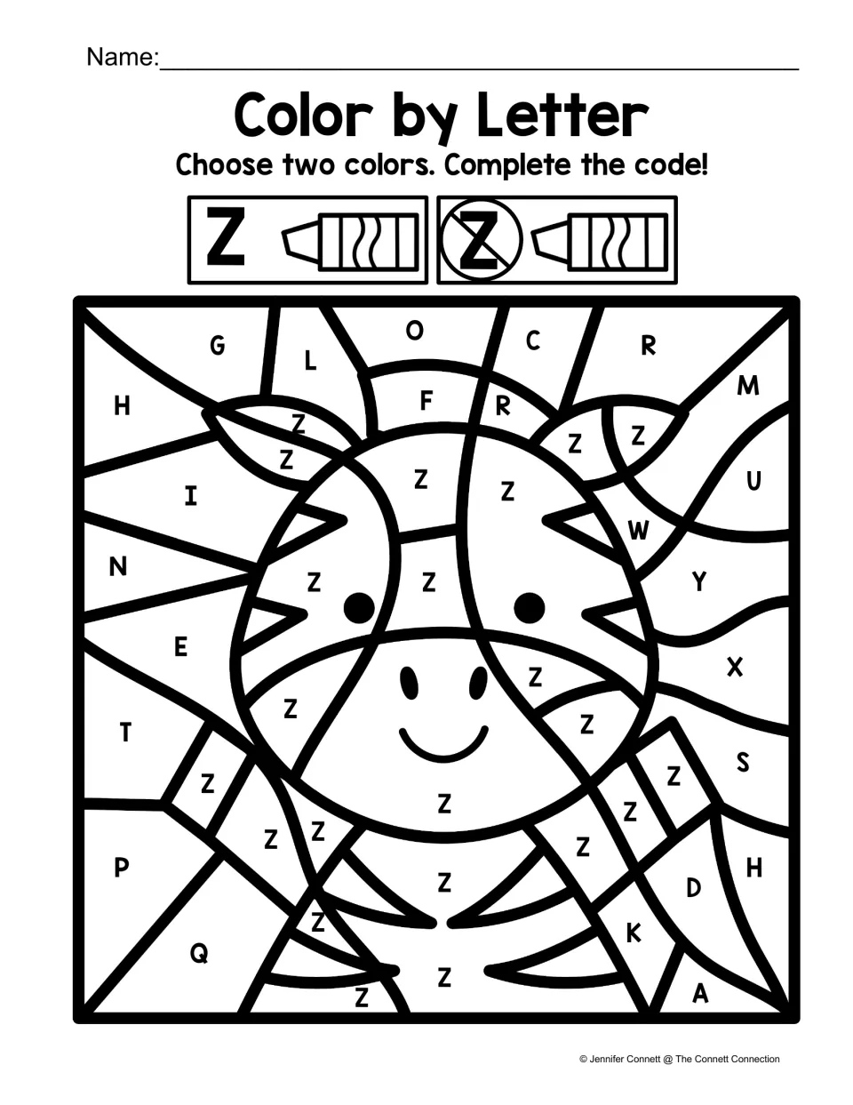 Uppercase Z coloring worksheet: a zebra has Z labels, surrounded by other capital letters, with a two-color code.