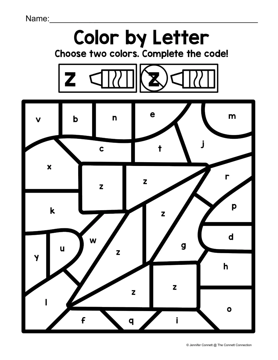 Lowercase z coloring worksheet: find z among other lowercase letters to color a large Z using two colors.
