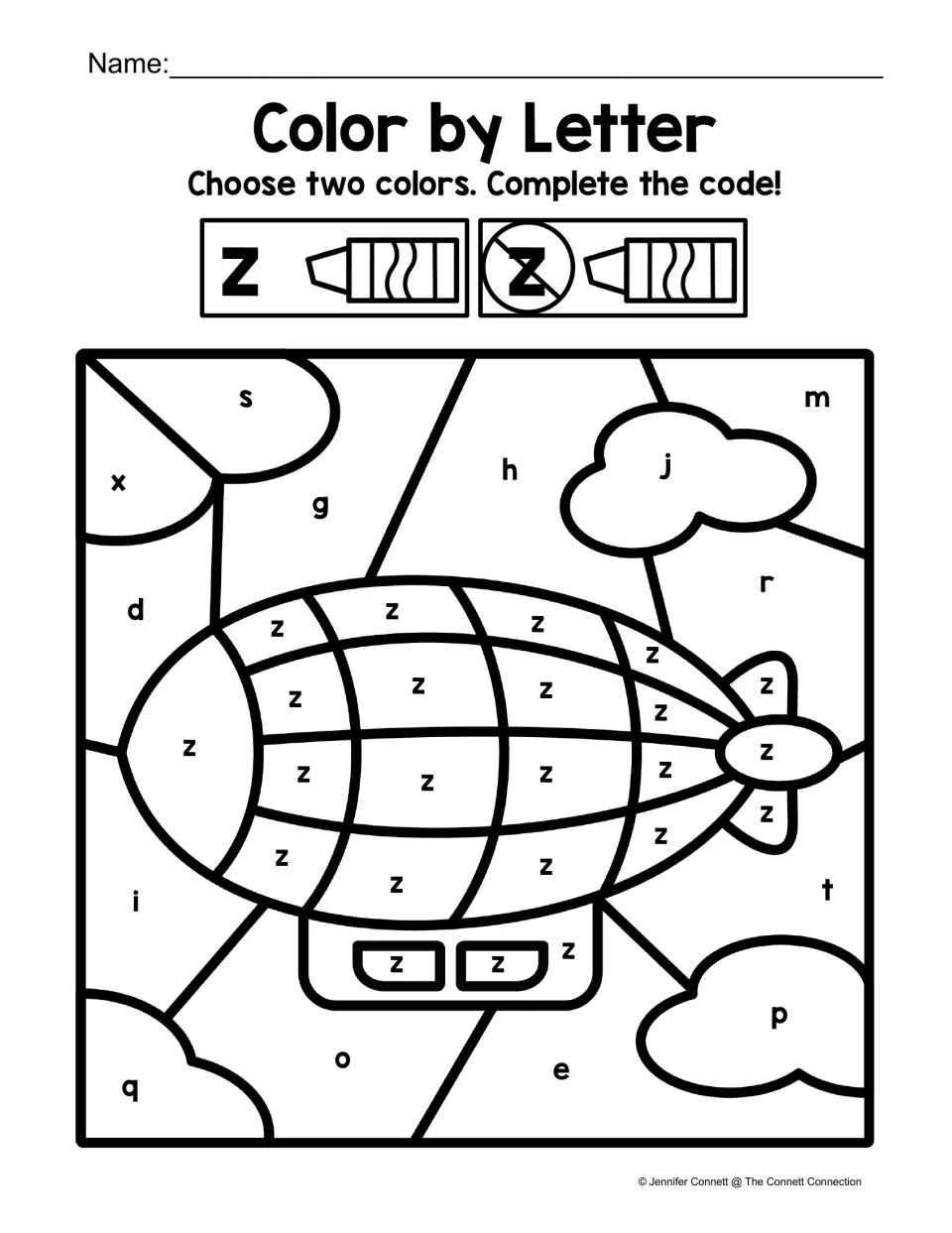 Lowercase z coloring worksheet: a zeppelin has z labels among other lowercase letters, with a two-color code.