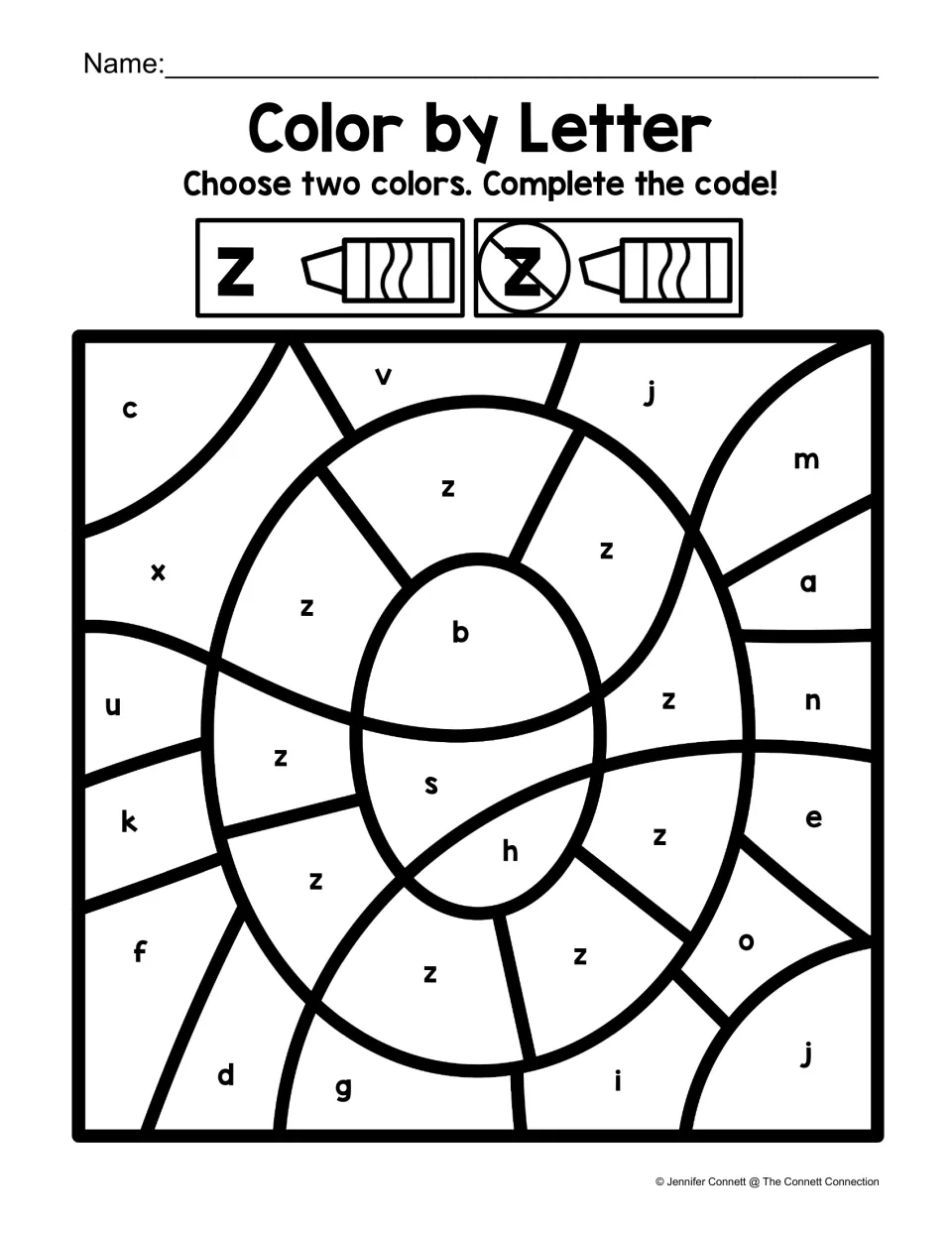Lowercase z coloring worksheet: z labels fill a zero shape among other lowercase letters for two-color practice.