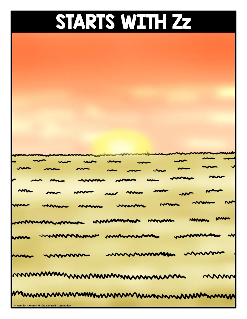 Beginning sound sort mat headed Starts With Zz: savanna sunset scene where students place Z picture cards