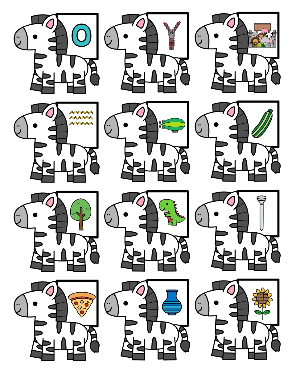 Zebra picture cards to cut out and sort by beginning Z sound: zipper, zoo, zigzag, zucchini, tree, pizza, nail