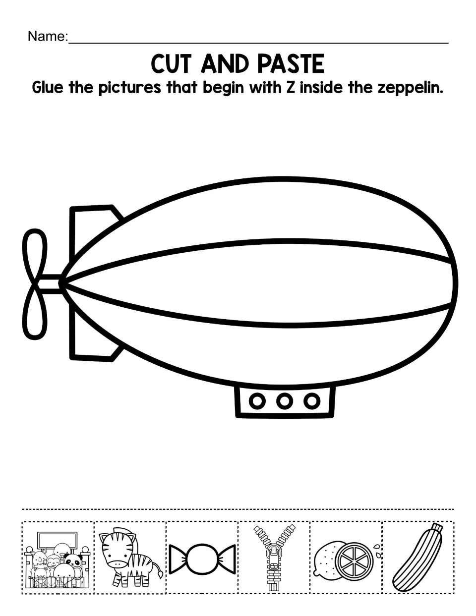 Letter Z beginning sounds: students cut out pictures like zebra, zipper and zucchini and glue Z words inside a zeppelin