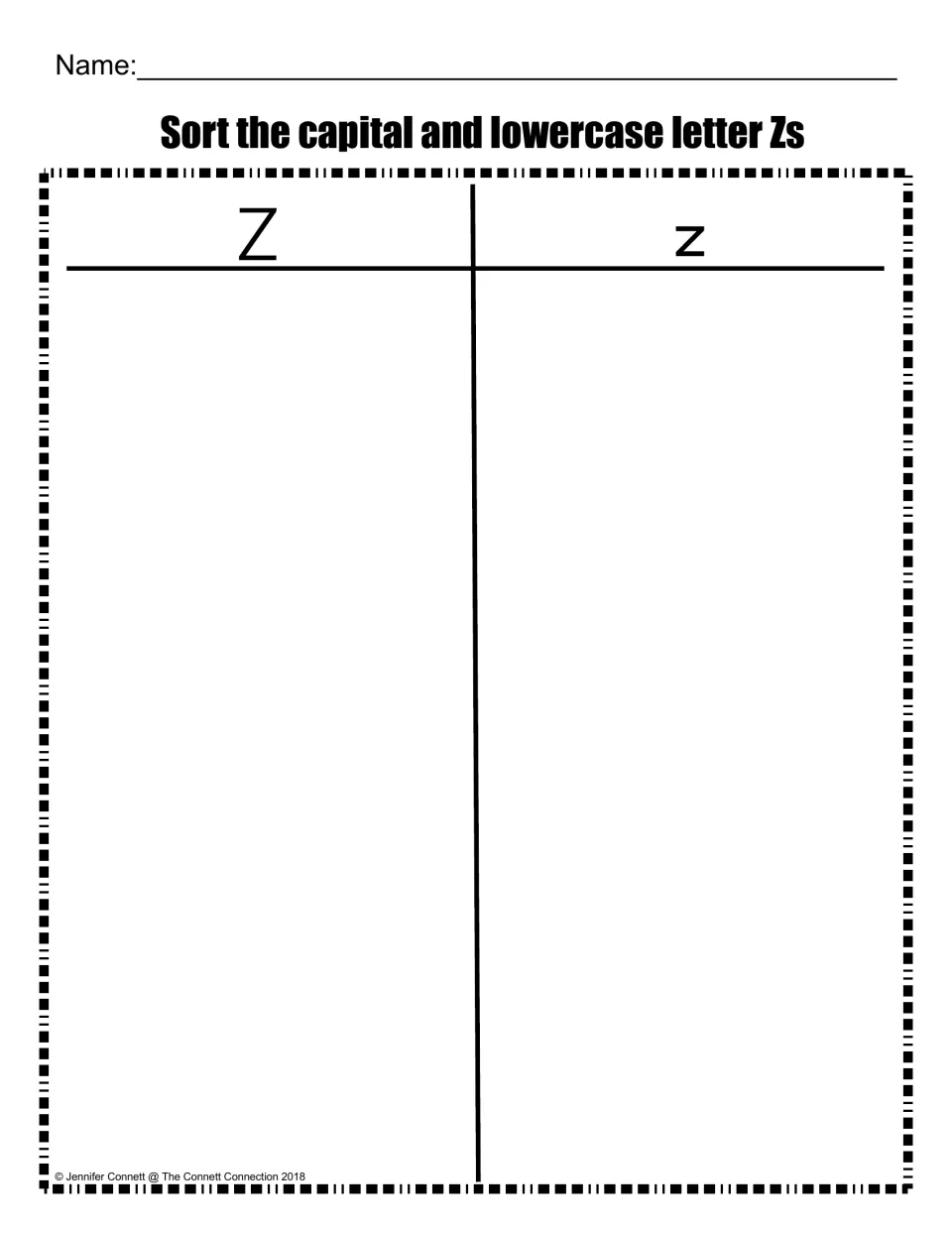 Capital and lowercase Z sort: students place letter Zs under the Z or the z heading to tell uppercase from lowercase